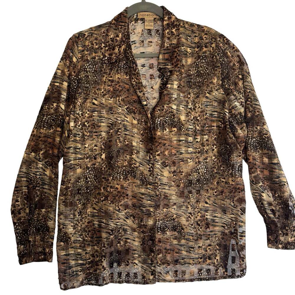 Notations Blouse Sheer Animal Print Textured Check Button down Long Sleeve Sz XL